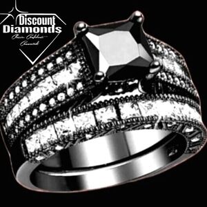 2 Ring Set - Black & Clear White Topaz Cocktail Rings on 925 Sterling Silver